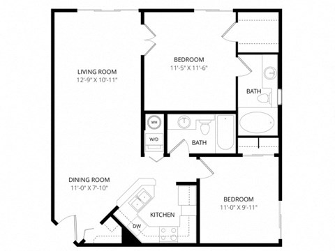 Floor plan for 2 beds, 2 baths, 857 sqft